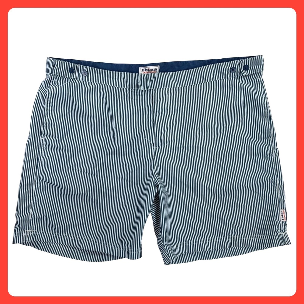Ibiza Ocean Club Swim Trunks Men 38 Blue White Striped Mesh Lined Drawstring 6"